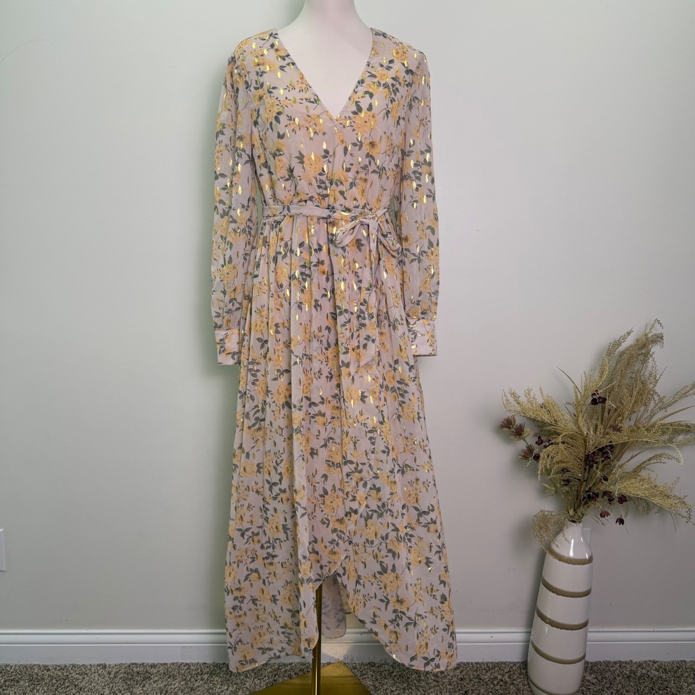 WDMYS New Medium Gold Foil Floral Faux Wrap Maxi Dress NWT Long Sleeve